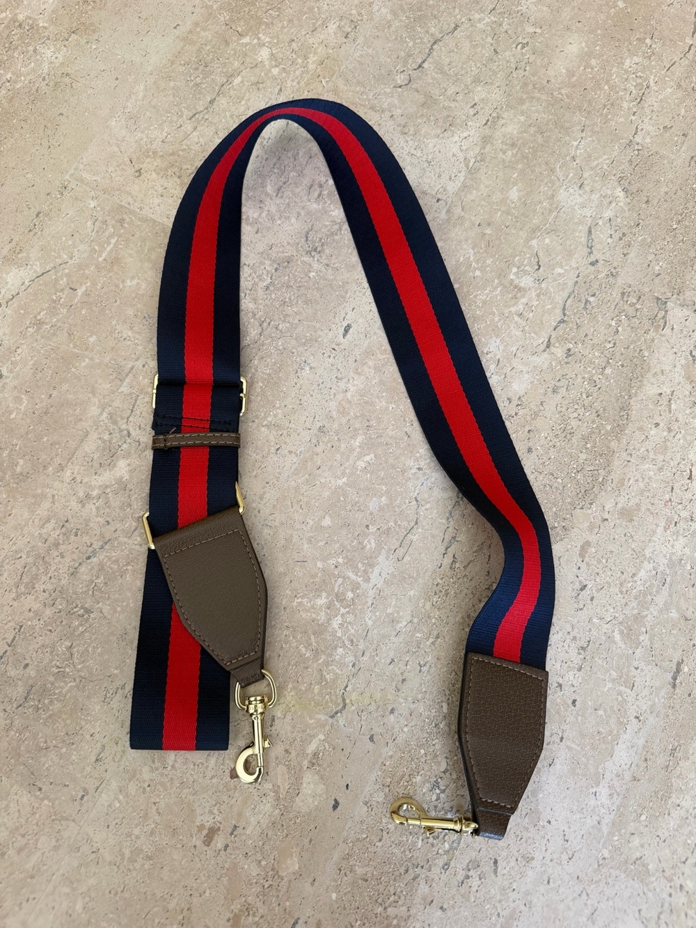 Adjustable Navy Red Striped Replacement Bag Strap Gold Buckle Faux Brown Leather - Picture 3 of 4